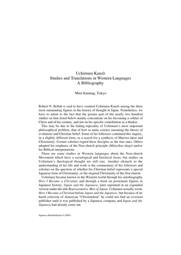 Uchimura Kanzô Studies and Translations in Western Languages. a Bibliography