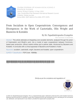 From Socialism to Open Cooperativism: Convergences and Divergences in the Work of Castoriadis, Olin Wright and Bauwens & Kostakis by Dr