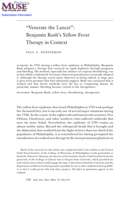 Benjamin Rush's Yellow Fever Therapy in Context