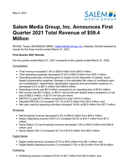 Salem Media Group, Inc. Announces First Quarter 2021 Total Revenue of $59.4 Million