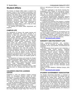 Student Affairs Undergraduate Catalog 2011-2012 6:00 P.M., with Pick-Up at 12:00 Noon, 12:30 P.M., Or After Student Affairs 3:30 P.M