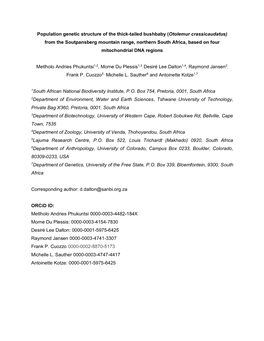 Otolemur Crassicaudatus) from the Soutpansberg Mountain Range, Northern South Africa, Based on Four Mitochondrial DNA Regions