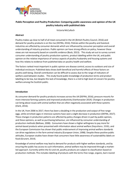 Public Perception and Poultry Production: Comparing Public Awareness and Opinion of the UK Poultry Industry with Published Data