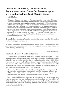 Culinary Remembrances and Queer Bordercrossings in Marusya Bociurkiw’S Food Was Her Country by Astrid Fellner