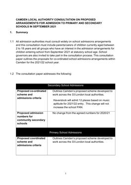 Camden Local Authority Consultation on Proposed Arrangements for Admission to Primary and Secondary Schools in September 2021