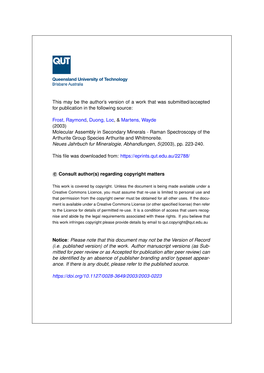 Molecular Assembly in Secondary Minerals-Raman Spectroscopy Of