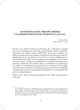 Las Políticas Del Trienio Liberal Y La Independencia De Venezuela (1820-1823)