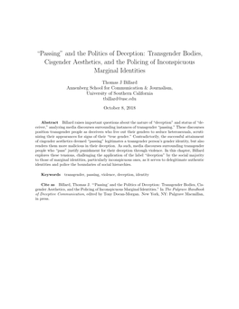 And the Politics of Deception: Transgender Bodies, Cisgender Aesthetics, and the Policing of Inconspicuous Marginal Identities