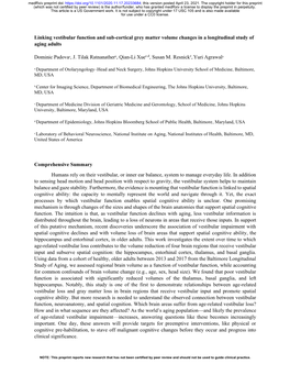 Linking Vestibular Function and Sub-Cortical Grey Matter Volume Changes in a Longitudinal Study of Aging Adults