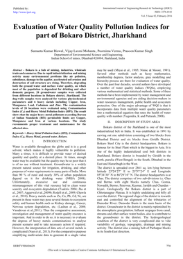 Evaluation of Water Quality Pollution Indices for Part of Bokaro District, Jharkhand