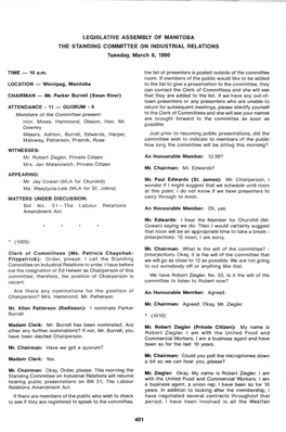 LEGISLATIVE ASSEMBLY of MANITOBA the STANDING COMMITTEE on INDUSTRIAL RELATIONS Tuesday, March 6, 1990