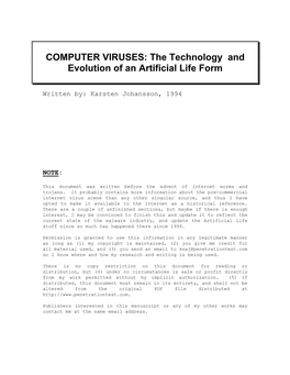 COMPUTER VIRUSES: the Technology and Evolution of an Artificial Life Form