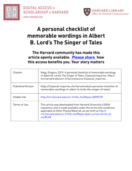 A Personal Checklist of Memorable Wordings in Albert B. Lord's The