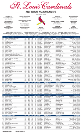 2021 SPRING TRAINING ROSTER As of February 10, 2021