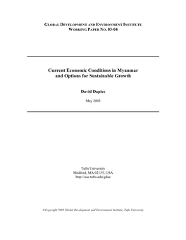 Current Economic Conditions in Myanmar and Options for Sustainable Growth