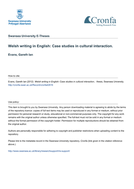 Welsh Writing in English: Case Studies in Cultural Interaction