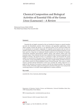 Chemical Composition and Biological Activities of Essential Oils of the Genus Litsea (Lauraceae) – a Review