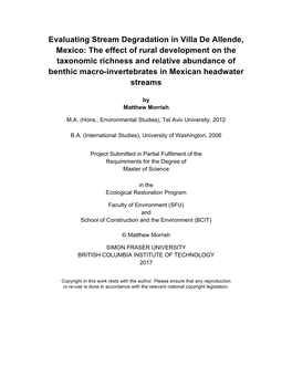 The Effect of Rural Development on the Taxonomic Richness and Relative Abundance of Benthic Macro-Invertebrates in Mexican Headwater Streams