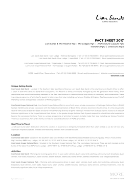 FACT SHEET 2017 Lion Sands & the Reserve Pg1 | the Lodges Pg4 | Architectural Layouts Pg6 Transfers Pg10 | Directions Pg13