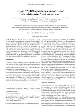 Cyclin D1 G870A Polymorphism and Risk of Colorectal Cancer: a Case Control Study