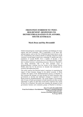 From Post-Fordism to ‘Post- Holdenism’: Responses to Deindustrialisation in Playford, South Australia