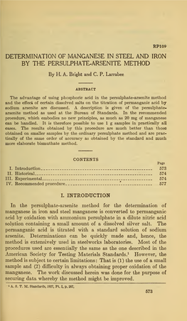 Determination of Manganese in Steel and Iron by the Persulphate-Arsenite Method