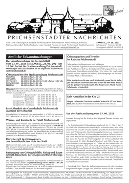 PRICHSENSTÄDTER NACHRICHTEN Amts- Und Mitteilungsblatt Der Stadt Prichsenstadt Mit Den Stadtteilen Altenschönbach, Bimbach, SAMSTAG, 19