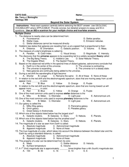 Beyond the Solar System Instructions: Read Each Question Carefully Before Selecting the BEST Answer