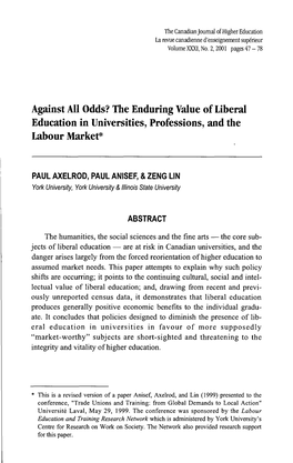 Against All Odds? the Enduring Value of Liberal Education in Universities, Professions, and the Labour Market*