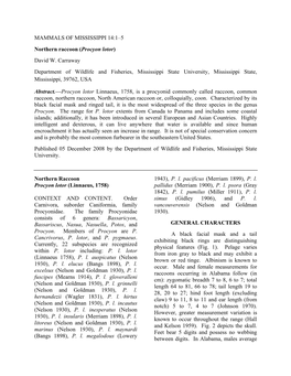 MAMMALS of MISSISSIPPI 14:1–5 Northern Raccoon (Procyon Lotor) David W