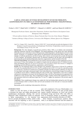 Larval and Early Juvenile Development of Silver Therapon, Leiopotherapon Plumbeus (Actinopterygii: Perciformes: Terapontidae), Reared in Mesocosms