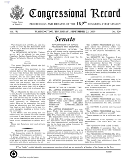 Congressional Record United States Th of America PROCEEDINGS and DEBATES of the 109 CONGRESS, FIRST SESSION