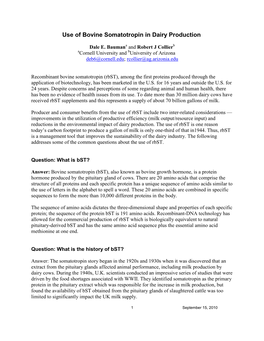 Use of Bovine Somatotropin in Dairy Production 2010