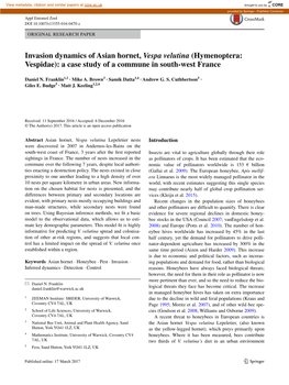 Invasion Dynamics of Asian Hornet, Vespa Velutina (Hymenoptera: Vespidae): a Case Study of a Commune in South-West France