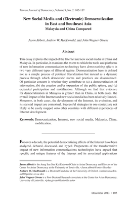 New Social Media and (Electronic) Democratization in East and Southeast Asia Malaysia and China Compared