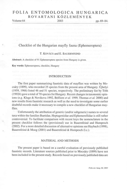 FOLIA ENTOMOLOGICA HUNGARICA ROVARTANI KOZLEMENYEK Volume64 2003 Pp.69-84