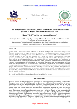 Leaf Morphological Variation of Quercus Brantii Lindl. Along an Altitudinal Gradient in Zagros Forests of Fars Province, Iran