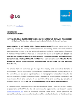 Press Release- Seven Celcom Customers to Enjoy the Latest LG