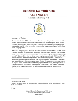 Religious Exemptions to Child Neglect Last Updated February 2015