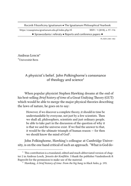 A Physicist's Belief. John Polkinghorne's Consonance Of