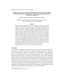 Prioratization of Villages for Providing Safe Water Sources in Disaster Prone Sarankhola Upazila of Bagerhat District: a Gis Based Approach