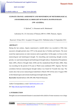 Assessment and Monitoring of Meteorological and Hydrological Drought of Wadi El Hammam Basin (Nw- Algeria)