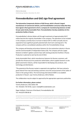 Finnvedenbulten and GAZ Sign Final Agreement