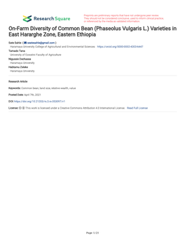 On-Farm Diversity of Common Bean (Phaseolus Vulgaris L.) Varieties in East Hararghe Zone, Eastern Ethiopia