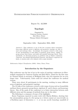 Mathematisches Forschungsinstitut Oberwolfach Topologie