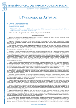 Resolución De 8 De Marzo De 2021, De La Consejería De Salud, De Declaración De Alerta Sanitaria 4+ (Nivel De Riesgo Extremo) En El Concejo De Cangas De Onís