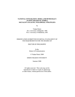 National Integration, Media and Democracy in Post-Milosevic Serbia: Socialist Legacies, Neoliberal Strategies