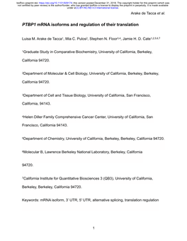 PTBP1 Mrna Isoforms and Regulation of Their Translation