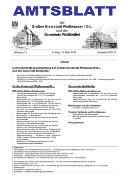 Der Großen Kreisstadt Weißwasser / O.L. Und Der Gemeinde Weißkeißel