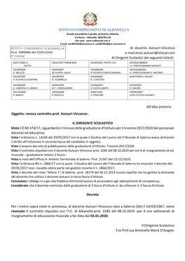 ISTITUO COMPRENSIVO DI ALBANELLA Al Docente Autuori Vincenzo E.Mail:Enzo.Autuori@Icloud-Com Ai Dirigenti Scolastici Dei Segue